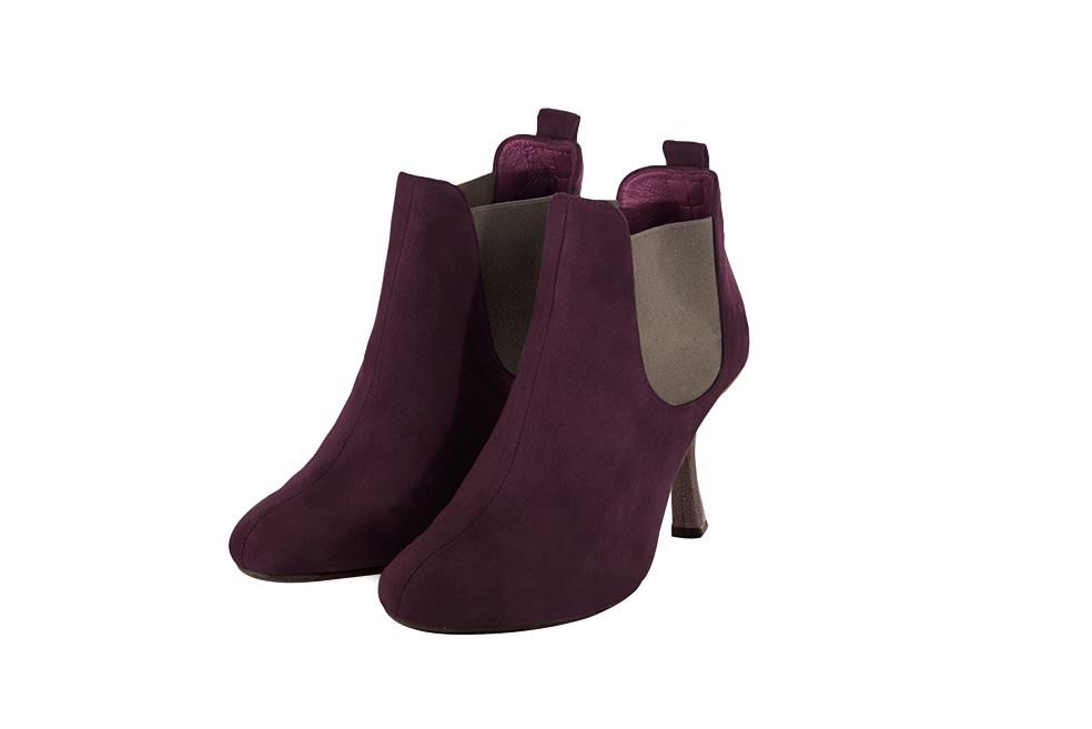Women's wine red and taupe brown elegant Chelsea ankle boots, with side elastics. Round toe. High spool heels - Front view